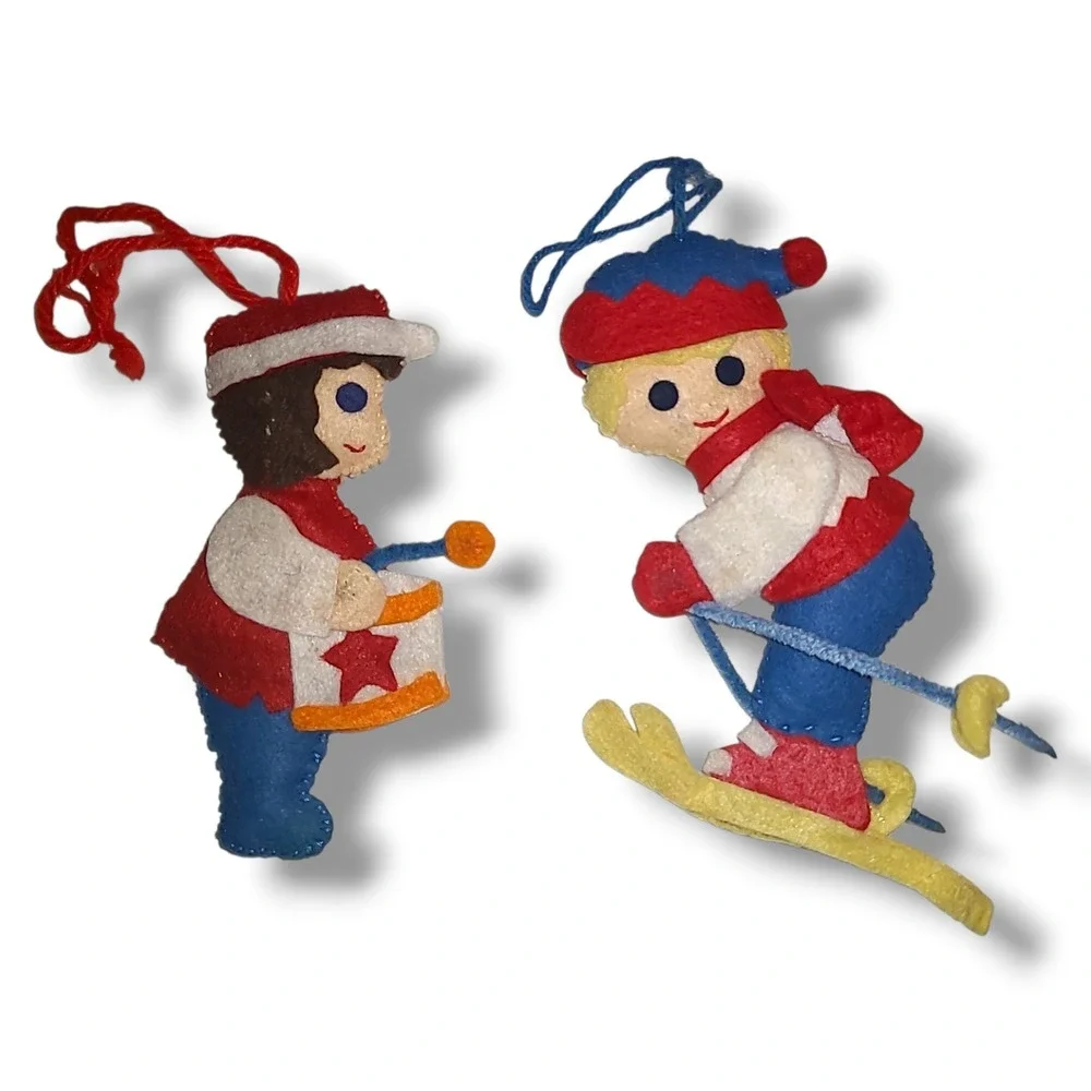 Vintage Felt Christmas Ornaments Set 2 Handmade Skier Drummer Plush